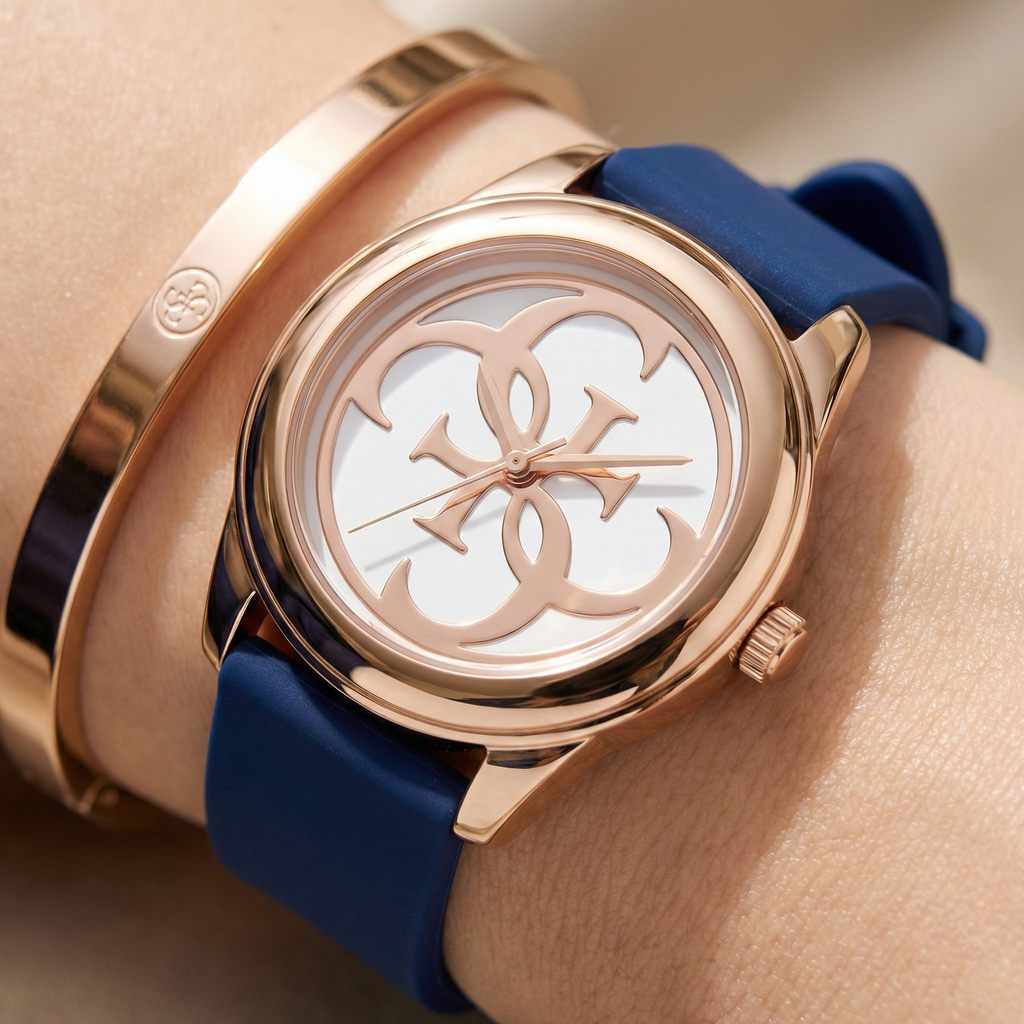 Guess G-Twist W0911L6 Rose Gold Stainless Steel Blue Silicone Ladies Watch