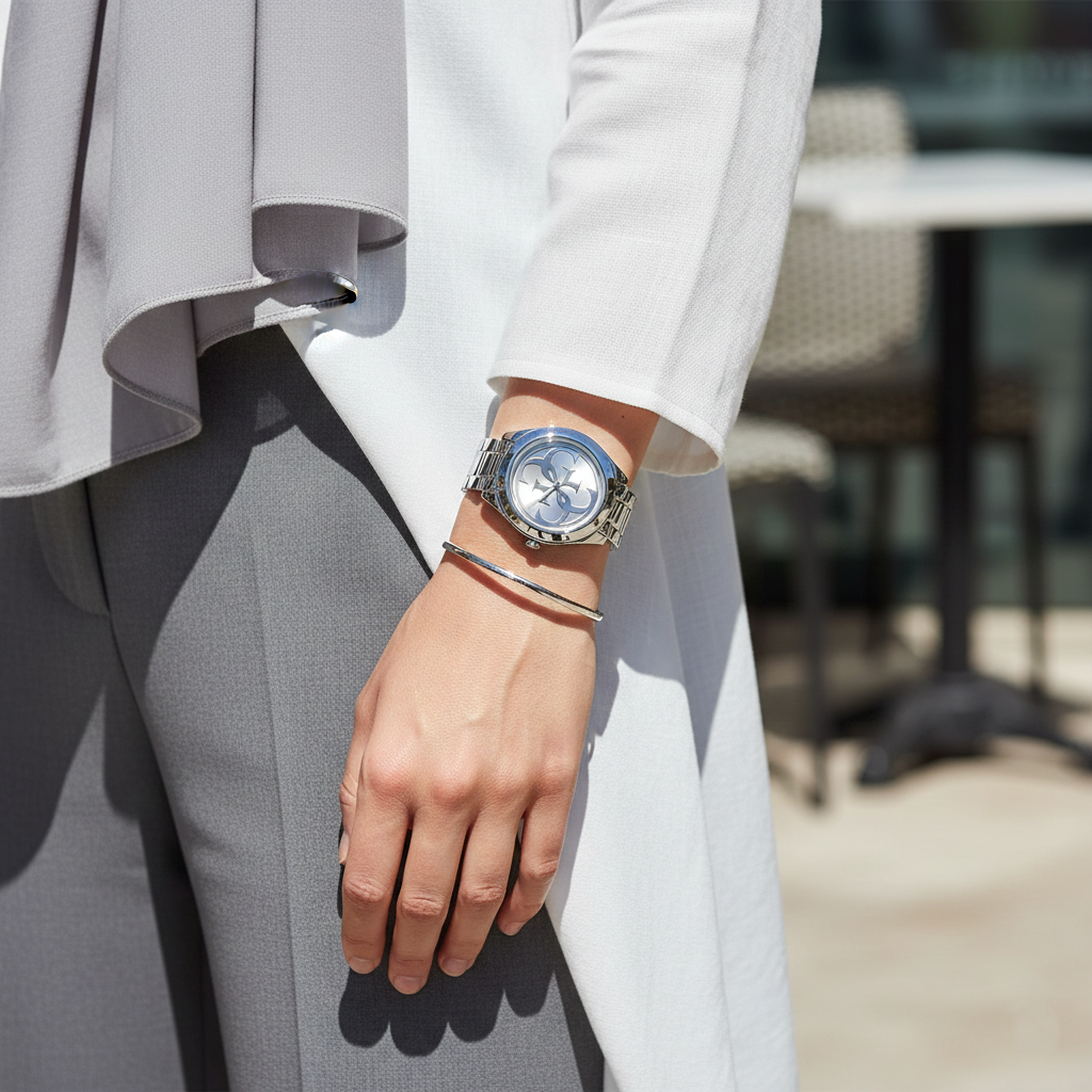 ساعة يد فضية اللون Guess G-Twist W1082L1 مينا بشعار متشابك