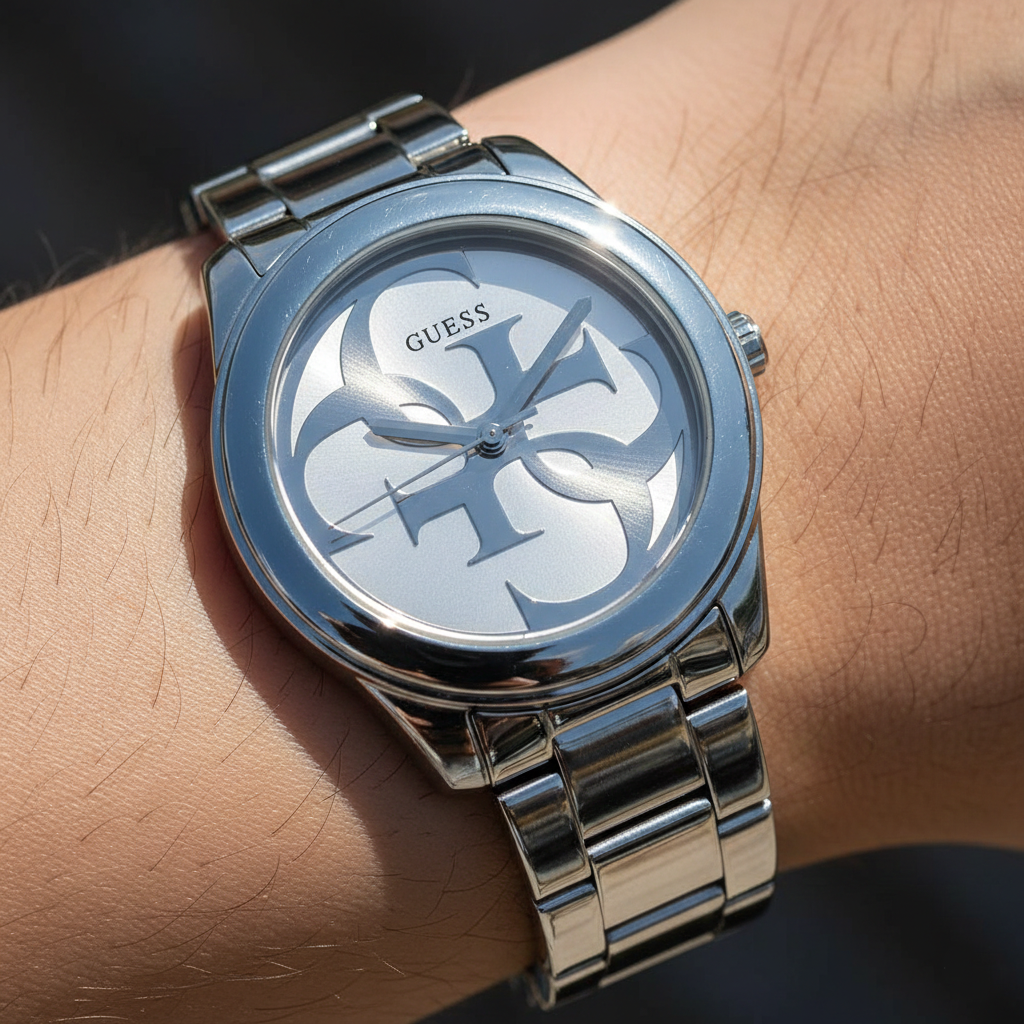ساعة يد فضية اللون Guess G-Twist W1082L1 مينا بشعار متشابك