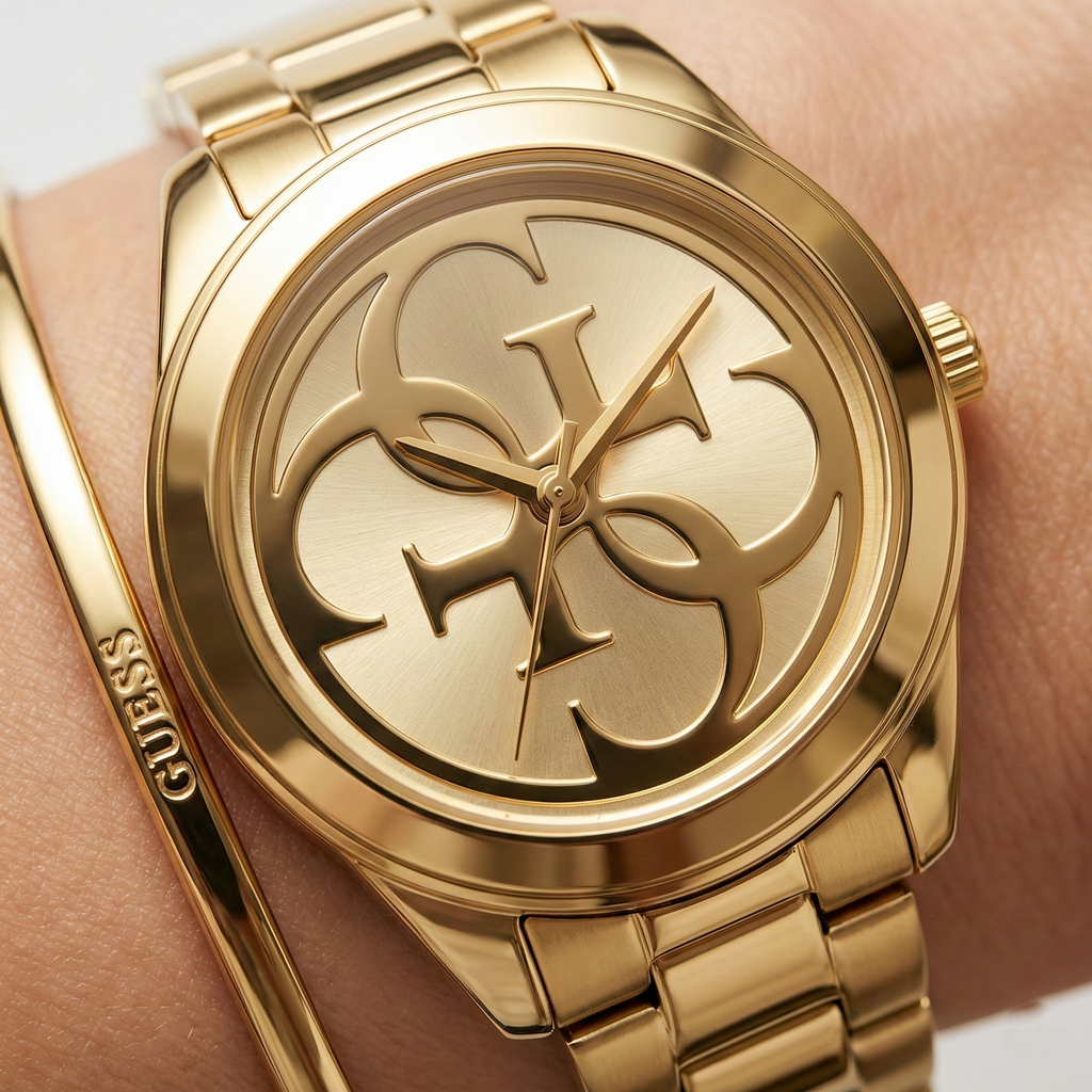 Guess G-Twist W1082L2 Gold Tone Interlocking Logo Dial Watch