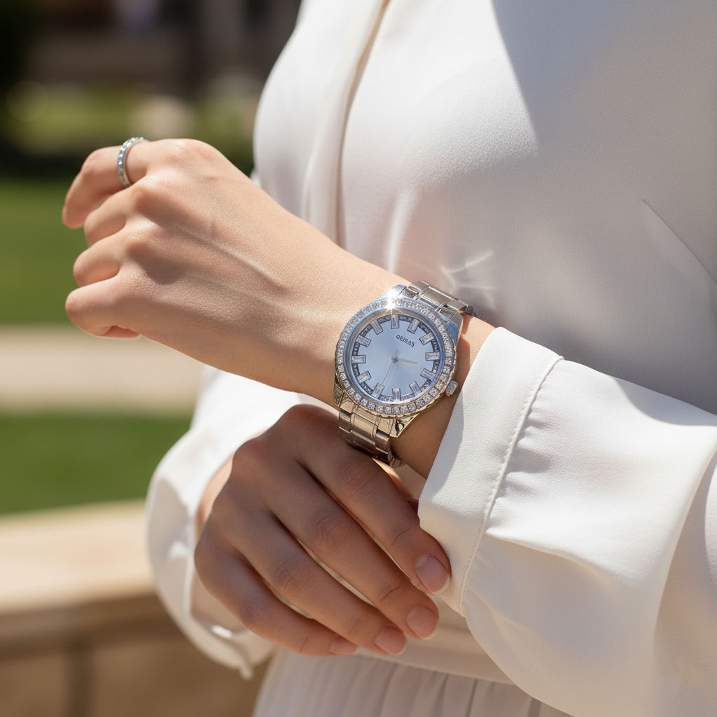 ساعة يد نسائية بتصميم باغيت وكريستال باللون الفضي من Guess Sparkler GW0111L1