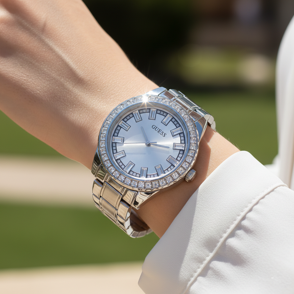 ساعة يد نسائية بتصميم باغيت وكريستال باللون الفضي من Guess Sparkler GW0111L1