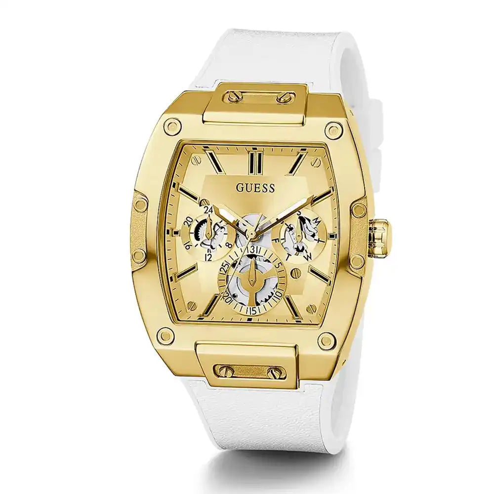 ساعة يد رجالية Guess Phoenix GW0202G6 ذهبية اللون ومطاط أبيض