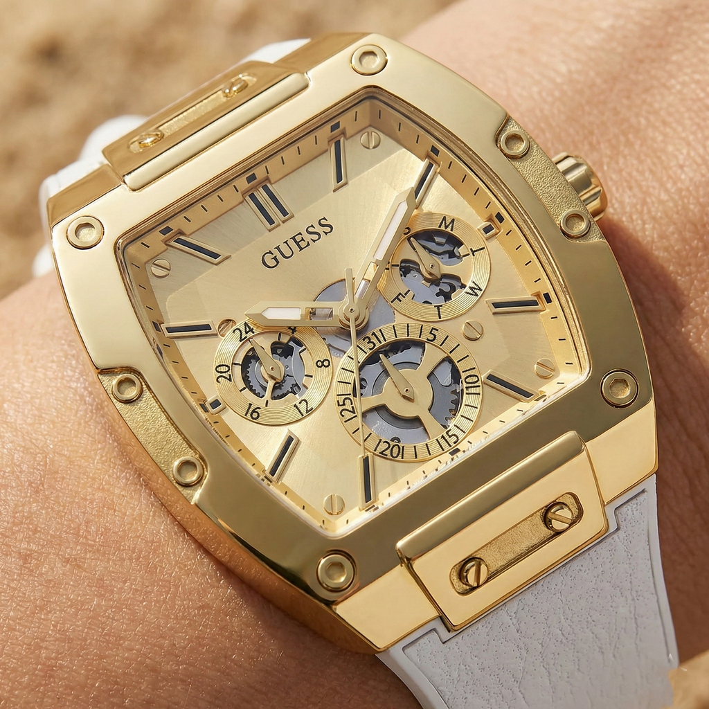 ساعة يد رجالية Guess Phoenix GW0202G6 ذهبية اللون ومطاط أبيض