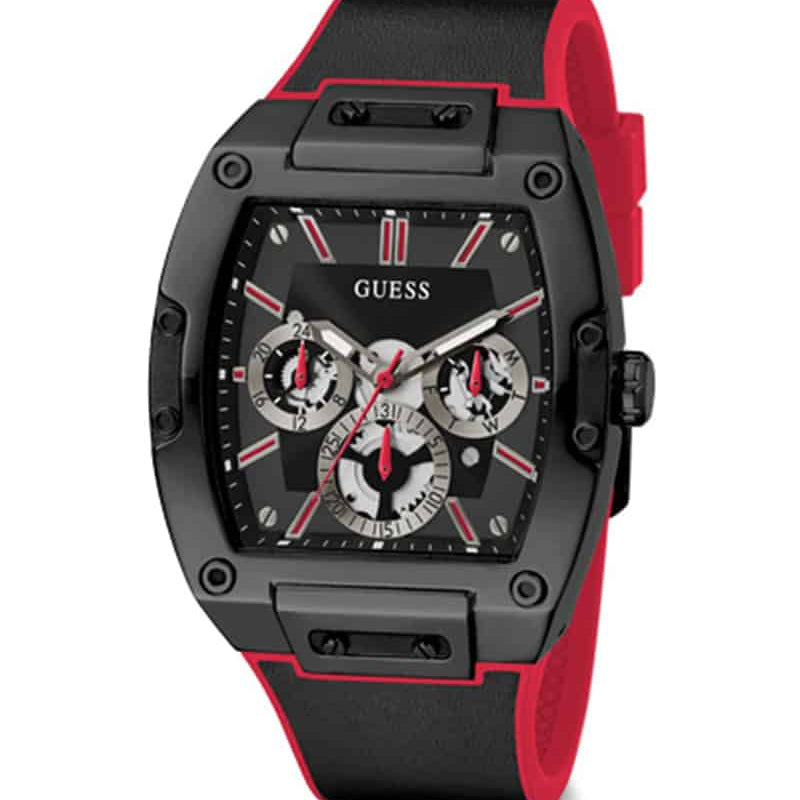 Guess Phoenix GW0202G7 Black Case Red Accents Skeleton Dial Rubber Strap Men's Watch