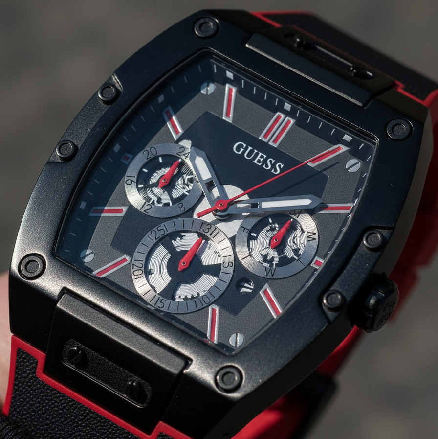 Guess Phoenix GW0202G7 Black Case Red Accents Skeleton Dial Rubber Strap Men's Watch