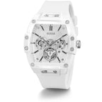 ساعة يد رجالية من Guess Phoenix GW0203G2 بهيكل مطاطي أبيض ومينا شفاف وحزام مطاطي