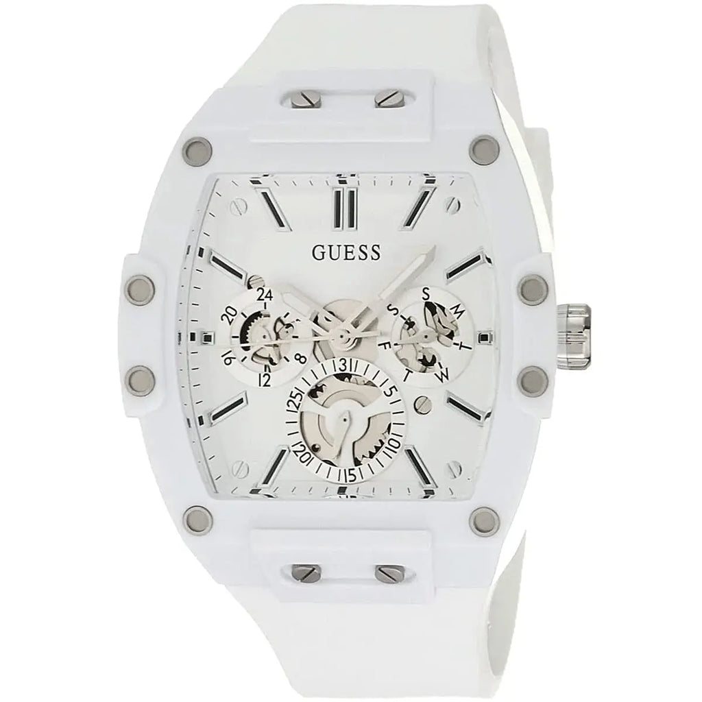 ساعة يد رجالية من Guess Phoenix GW0203G2 بهيكل مطاطي أبيض ومينا شفاف وحزام مطاطي