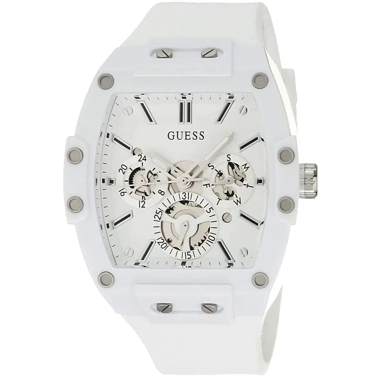 ساعة يد رجالية من Guess Phoenix GW0203G2 بهيكل مطاطي أبيض ومينا شفاف وحزام مطاطي