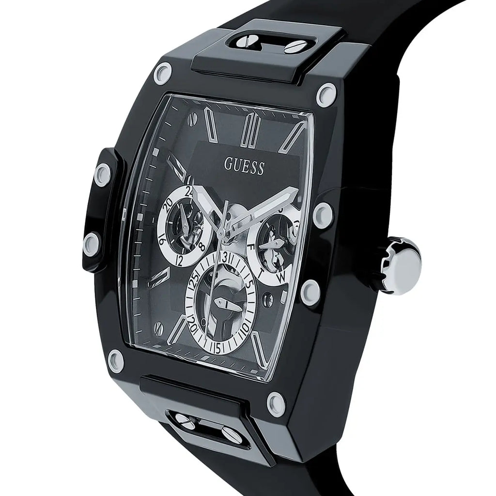 ساعة Guess Phoenix GW0203G3 بهيكل مطاطي أسود وعلامات فضية وميناء بهيكل شفاف