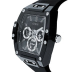ساعة Guess Phoenix GW0203G3 بهيكل مطاطي أسود وعلامات فضية وميناء بهيكل شفاف