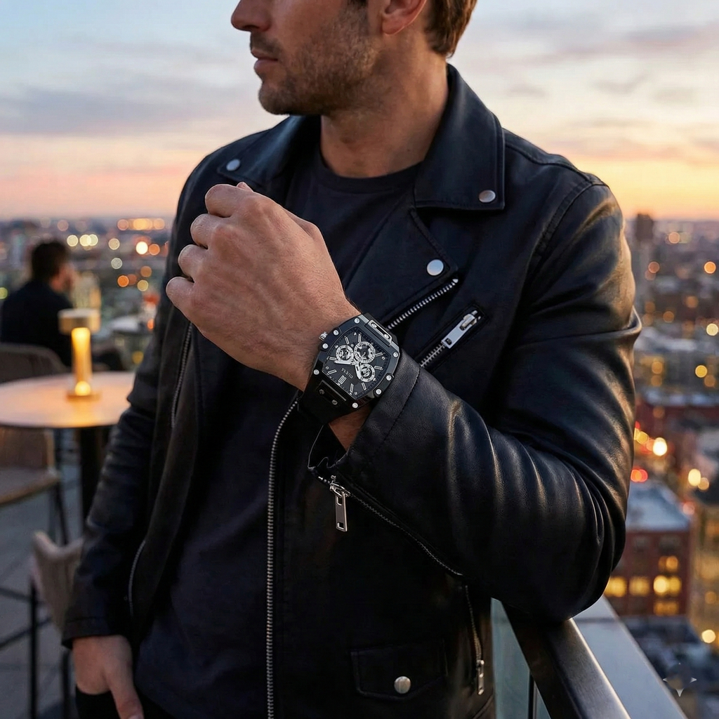 ساعة Guess Phoenix GW0203G3 بهيكل مطاطي أسود وعلامات فضية وميناء بهيكل شفاف