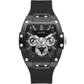 ساعة Guess Phoenix GW0203G3 بهيكل مطاطي أسود وعلامات فضية وميناء بهيكل شفاف