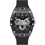 ساعة Guess Phoenix GW0203G3 بهيكل مطاطي أسود وعلامات فضية وميناء بهيكل شفاف