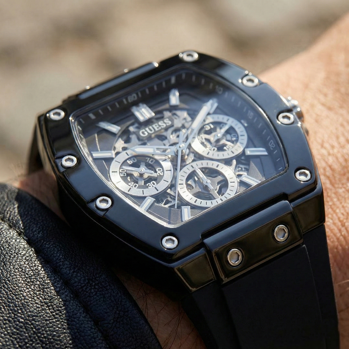 Guess Phoenix GW0203G3 Black Rubber Case Silver Accents Skeleton Dial Watch