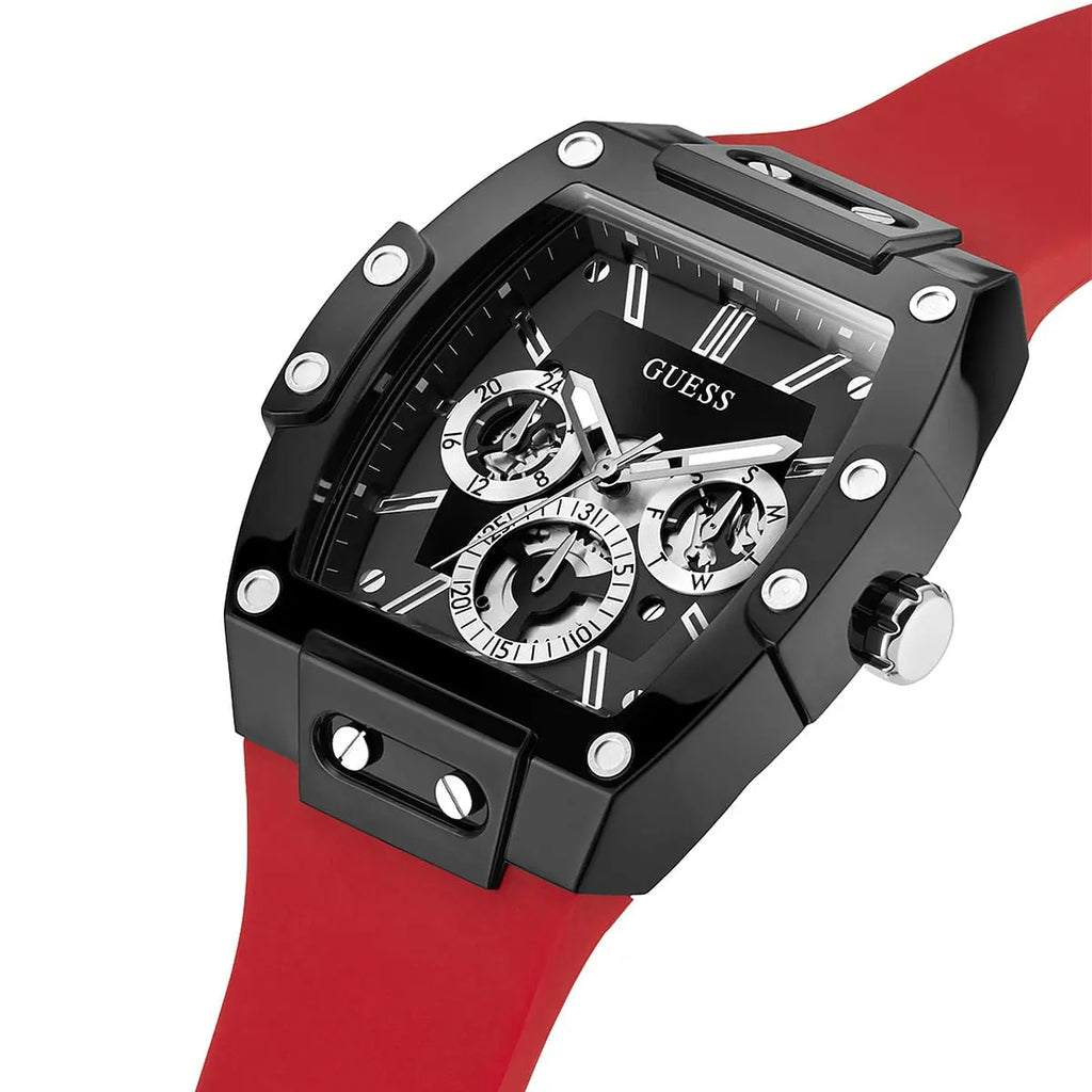 ساعة Guess Phoenix GW0203G4 بهيكل أسود وقرص داخلي مكشوف وحزام مطاطي أحمر