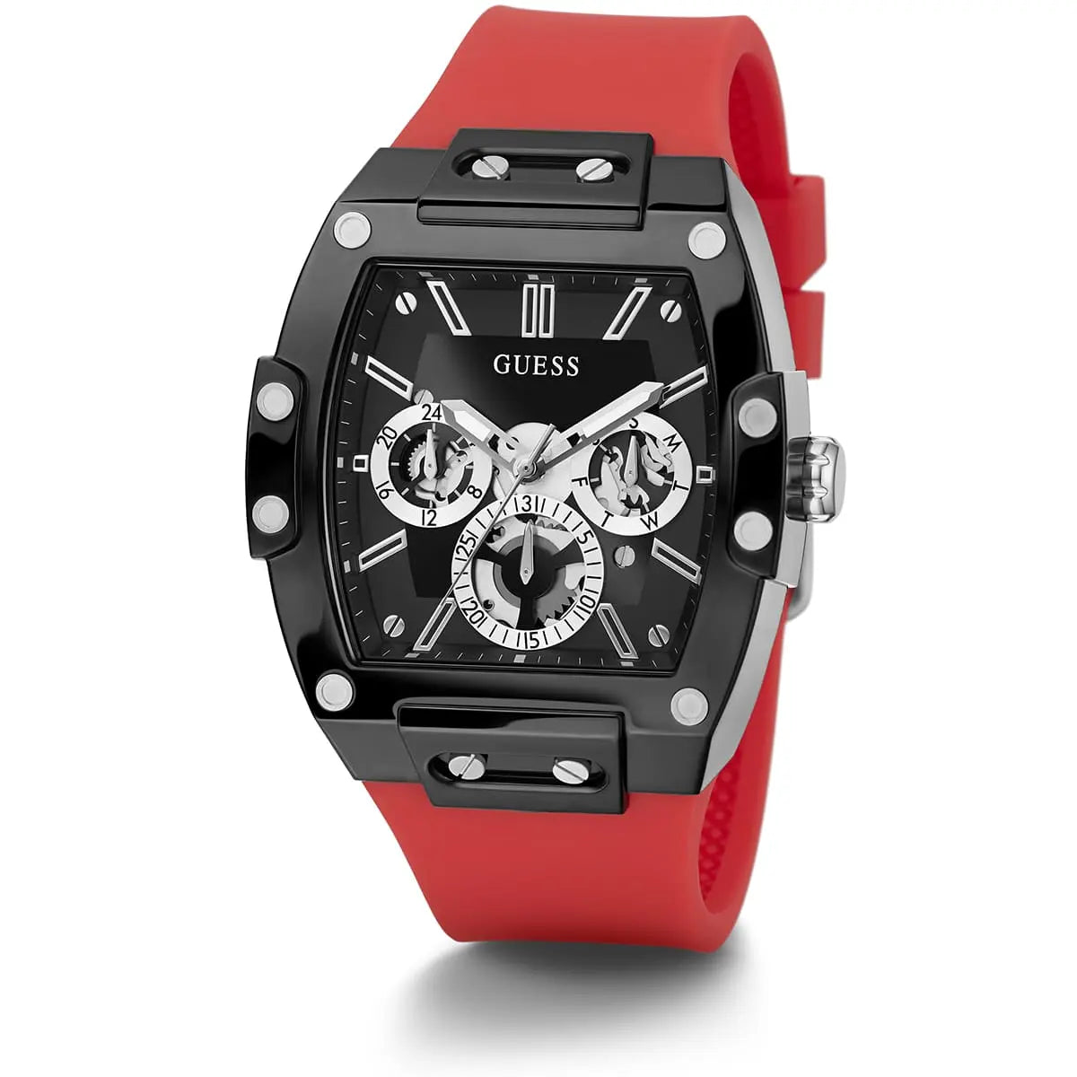 Guess Phoenix GW0203G4 Black Case Skeleton Dial Red Rubber Strap Watch