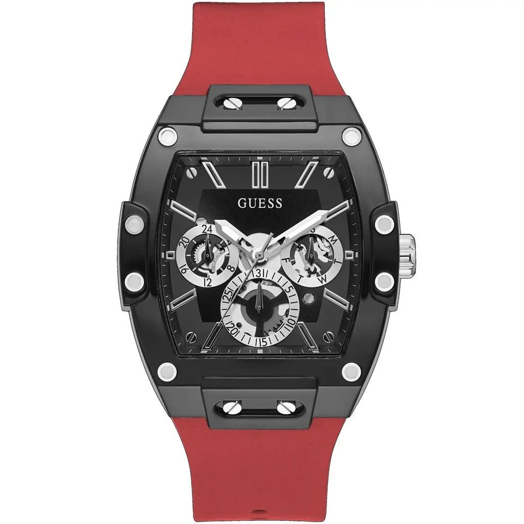 ساعة Guess Phoenix GW0203G4 بهيكل أسود وقرص داخلي مكشوف وحزام مطاطي أحمر