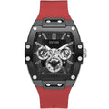 ساعة Guess Phoenix GW0203G4 بهيكل أسود وقرص داخلي مكشوف وحزام مطاطي أحمر