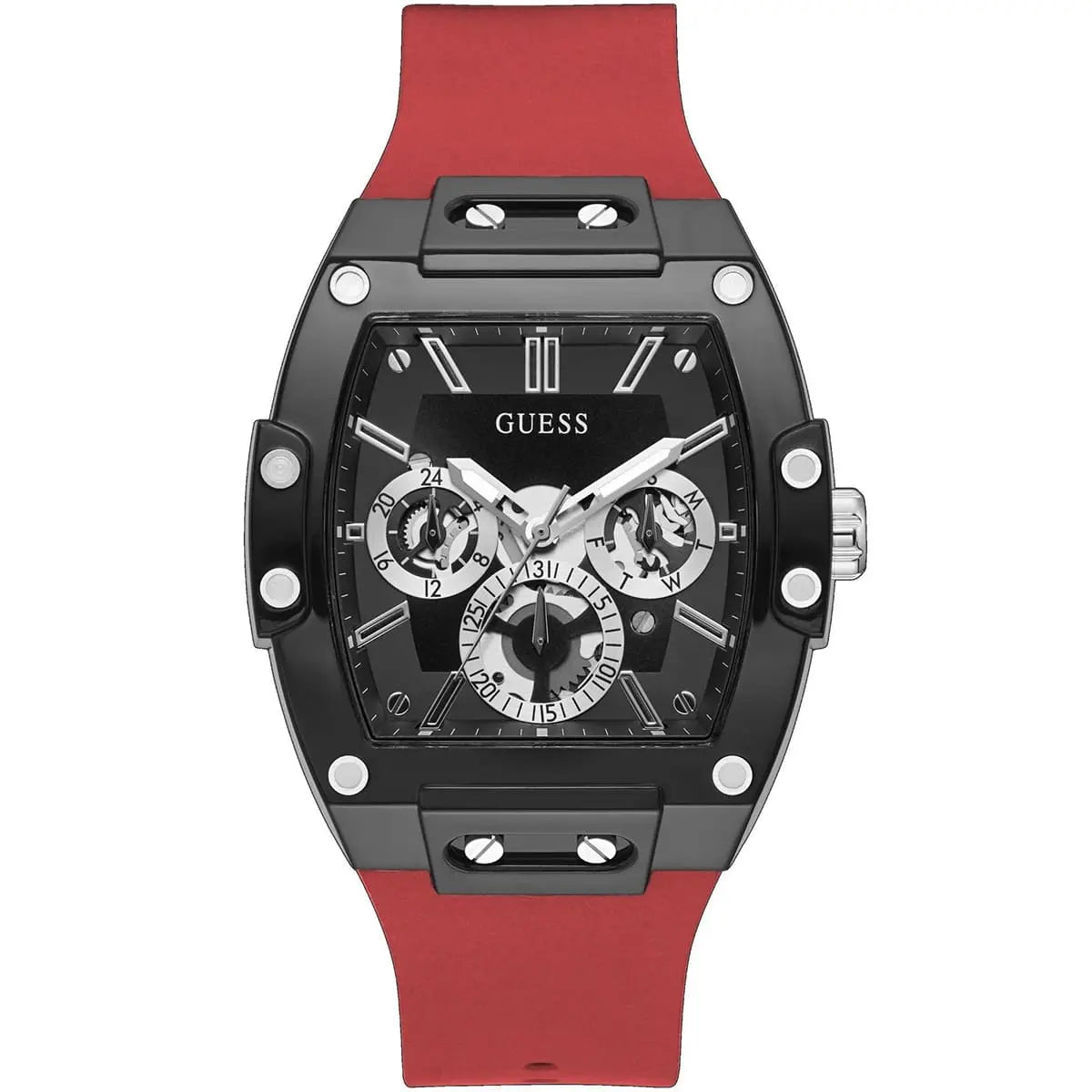 Guess Phoenix GW0203G4 Black Case Skeleton Dial Red Rubber Strap Watch