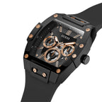 Guess Phoenix GW0203G8 Black Rubber Case Rose Gold Accents Skeleton Dial Watch
