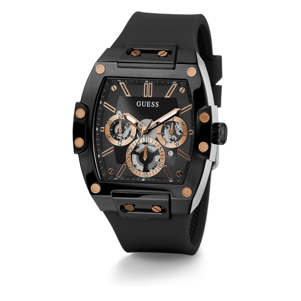 Guess Phoenix GW0203G8 Black Rubber Case Rose Gold Accents Skeleton Dial Watch