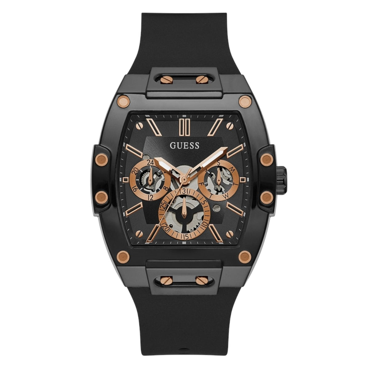 Guess Phoenix GW0203G8 Black Rubber Case Rose Gold Accents Skeleton Dial Watch