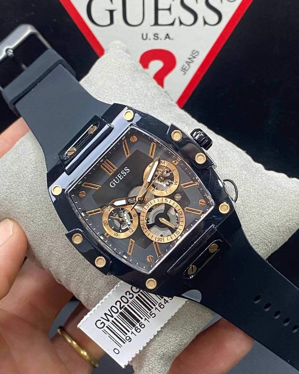 Guess Phoenix GW0203G8 Black Rubber Case Rose Gold Accents Skeleton Dial Watch