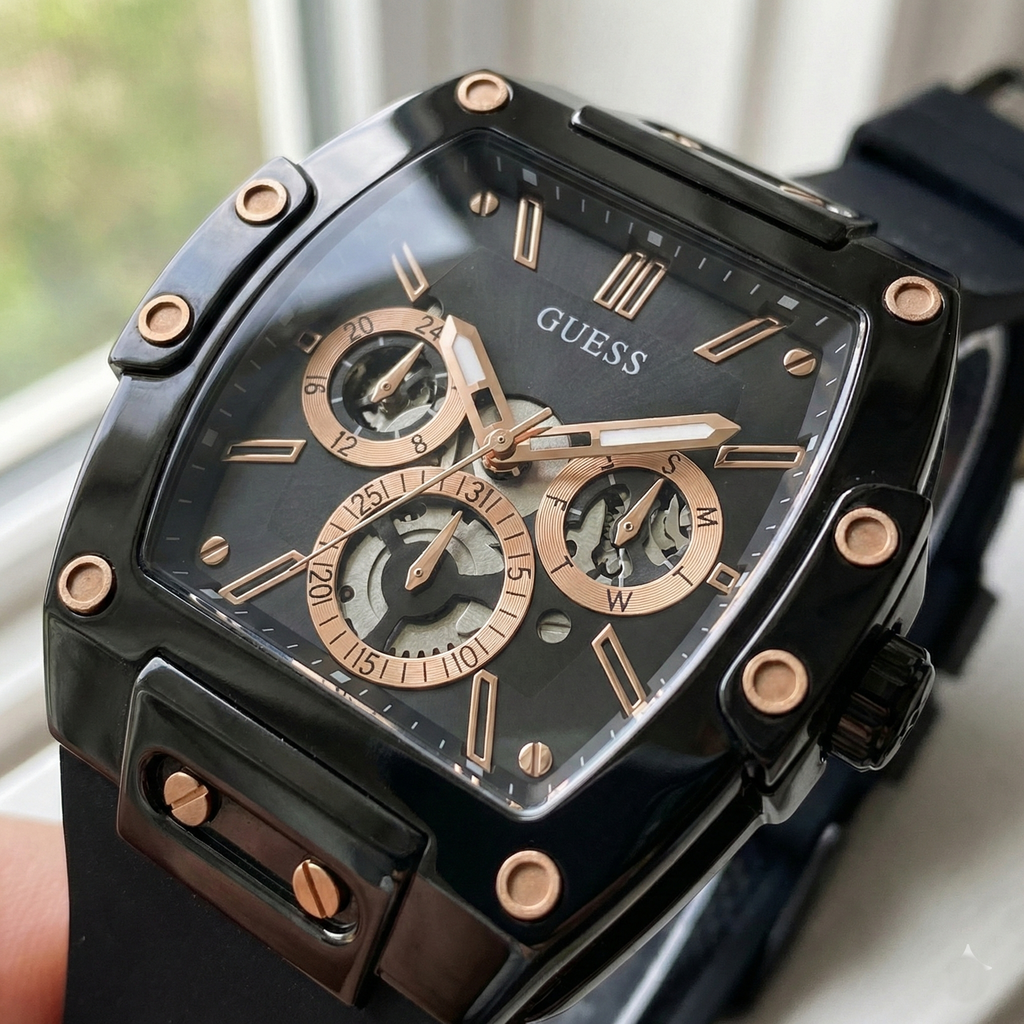 Guess Phoenix GW0203G8 Black Rubber Case Rose Gold Accents Skeleton Dial Watch