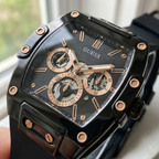 Guess Phoenix GW0203G8 Black Rubber Case Rose Gold Accents Skeleton Dial Watch