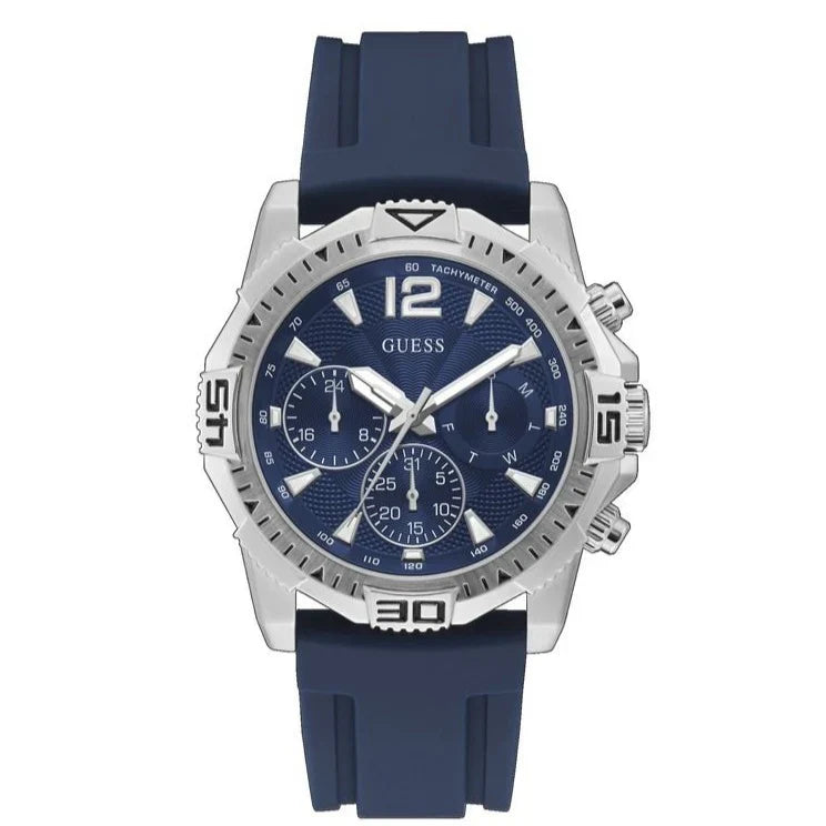 Guess Commander GW0211G1 Silver Case Blue Dial Blue Rubber Strap Men's Watch