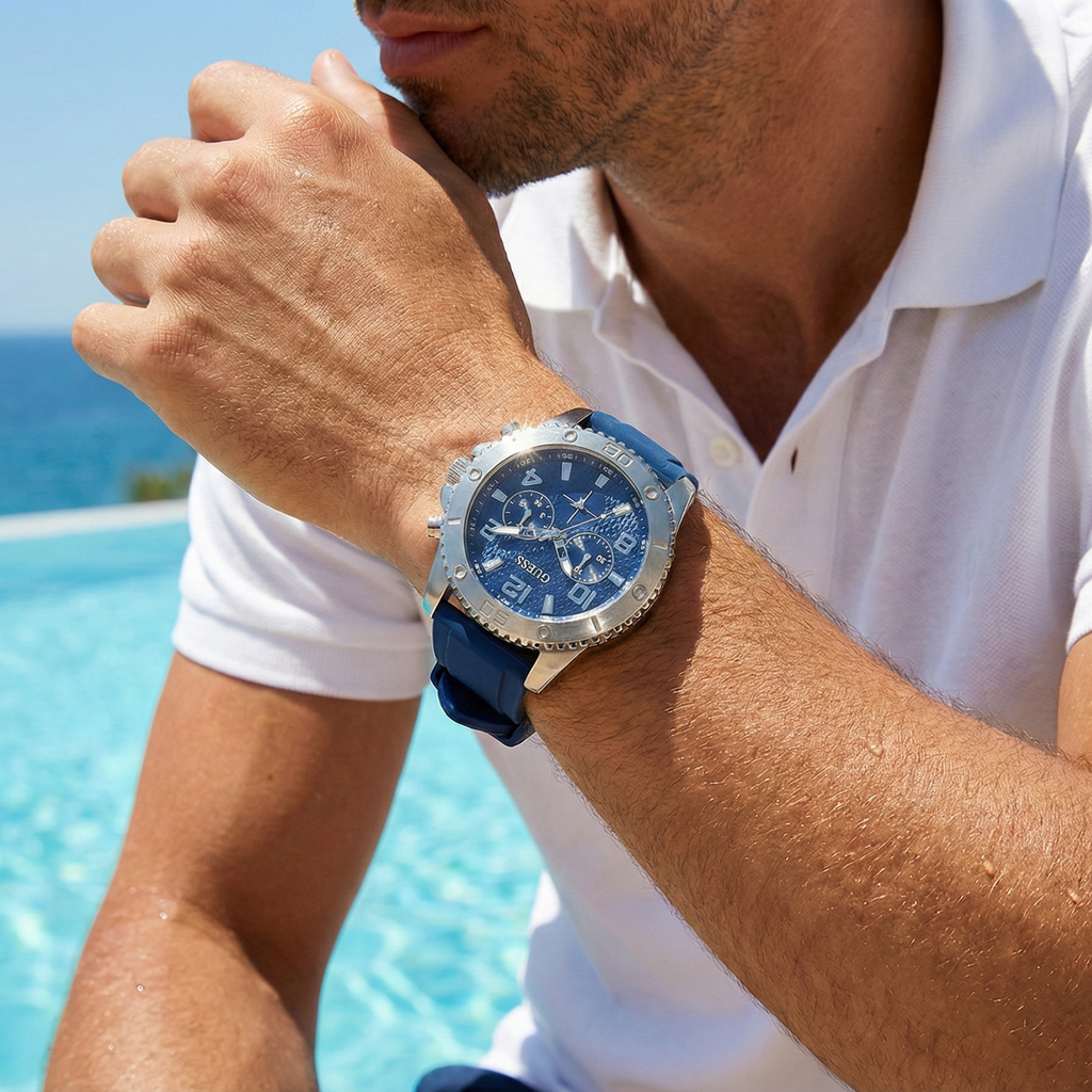 Guess Commander GW0211G1 Silver Case Blue Dial Blue Rubber Strap Men's Watch