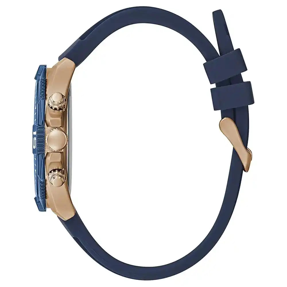 ساعة رجالي من Guess Commander GW0211G4 بحزام مطاطي وإطار أزرق وهيكل ذهبي وردي