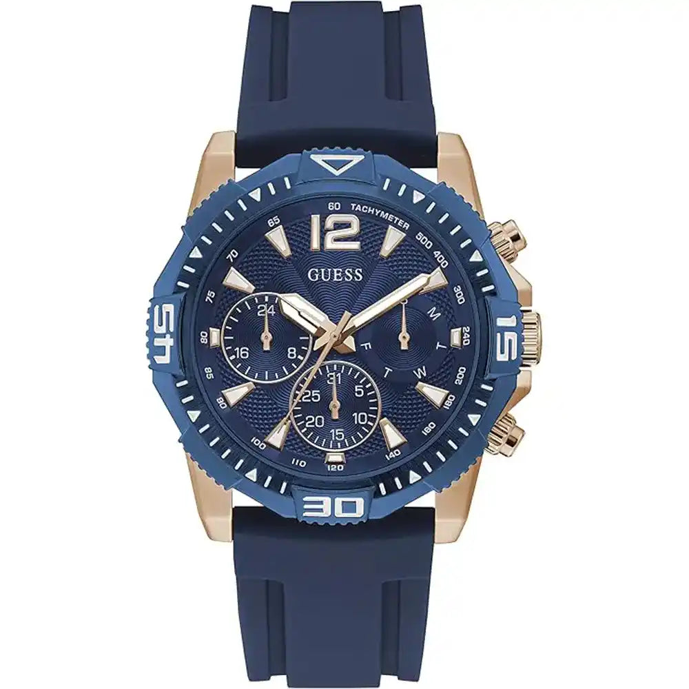 ساعة رجالي من Guess Commander GW0211G4 بحزام مطاطي وإطار أزرق وهيكل ذهبي وردي