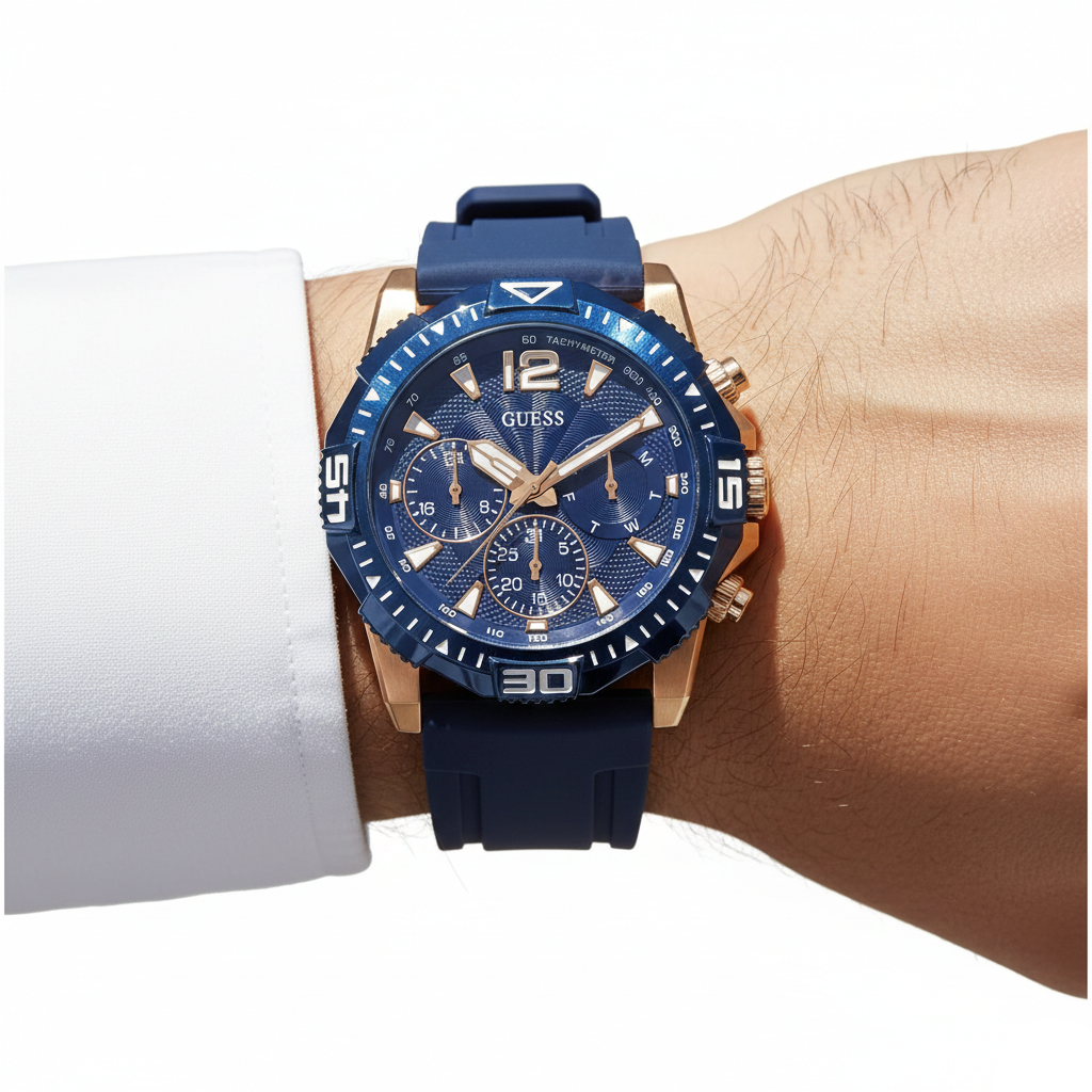 ساعة رجالي من Guess Commander GW0211G4 بحزام مطاطي وإطار أزرق وهيكل ذهبي وردي