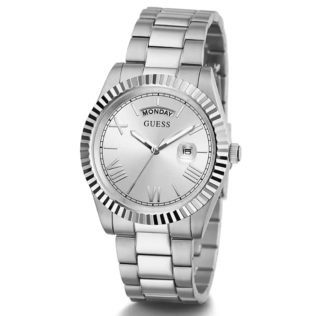 Guess GW0265G6 Silver Case Silver Dial Day-Date Fluted Bezel Men's Watch