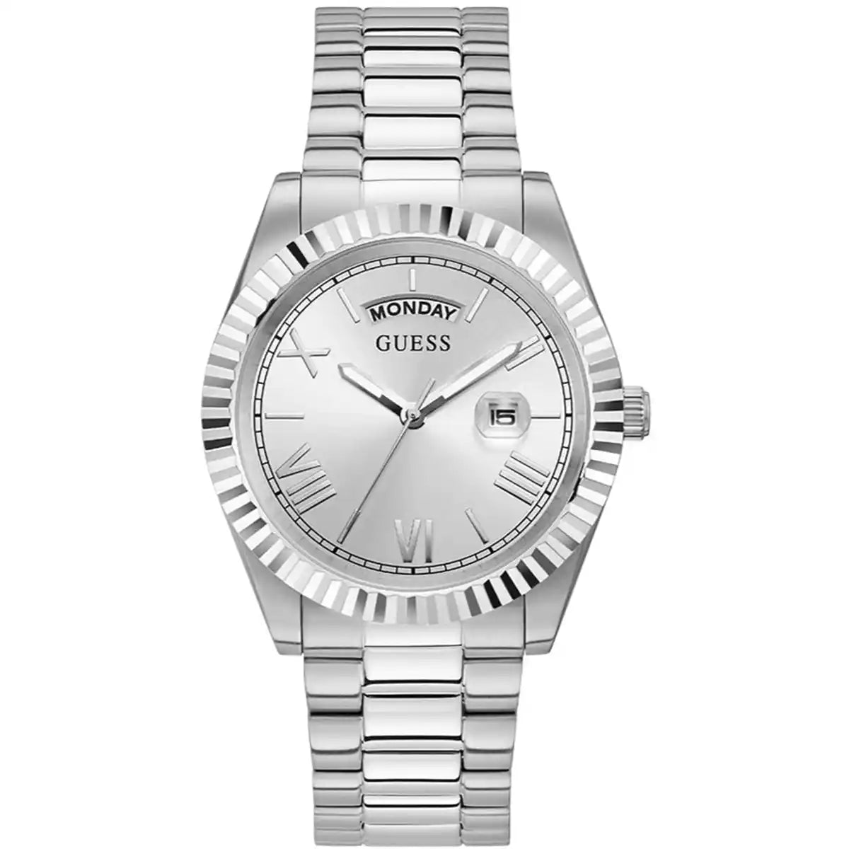 Guess GW0265G6 Silver Case Silver Dial Day-Date Fluted Bezel Men's Watch