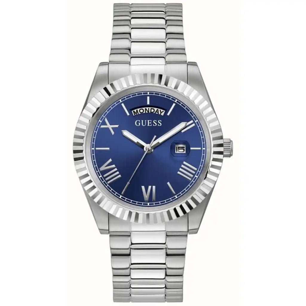 ساعة يد رجالية Guess Connoisseur GW0265G7 بلون فضي مع ميناء أزرق