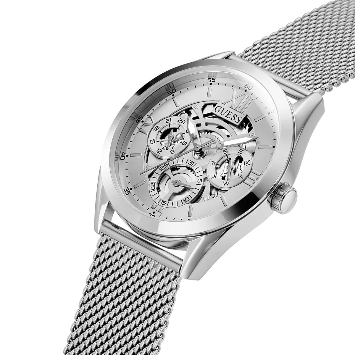 Guess Tailor GW0368G1 Silver Mesh Skeleton Dial Men's Watch