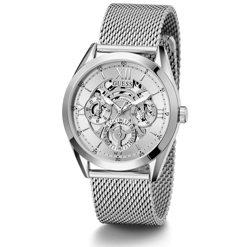 Guess Tailor GW0368G1 Silver Mesh Skeleton Dial Men's Watch