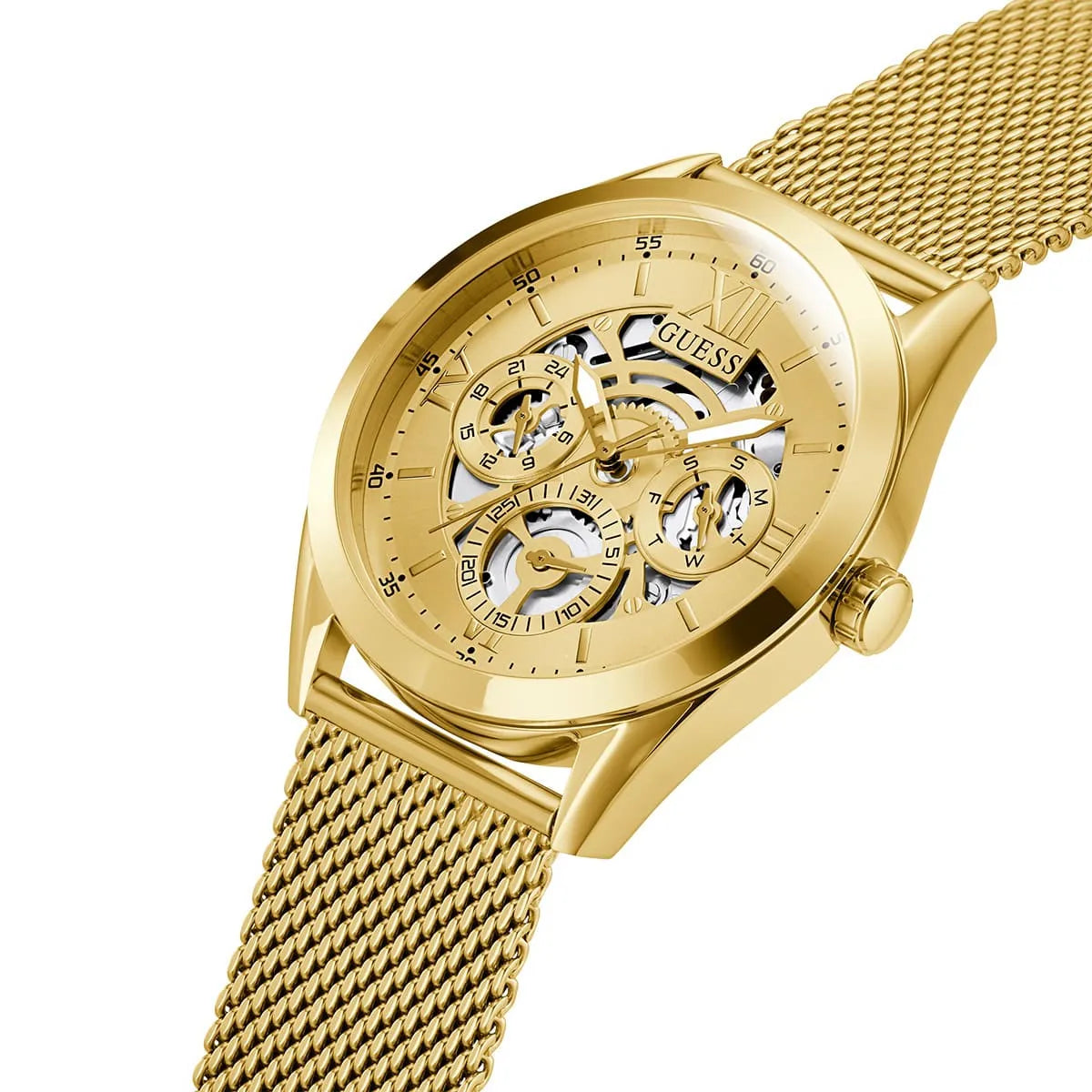 Guess Tailor GW0368G2 Gold Mesh Skeleton Dial Men's Watch