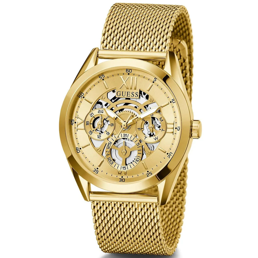 Guess Tailor GW0368G2 Gold Mesh Skeleton Dial Men's Watch