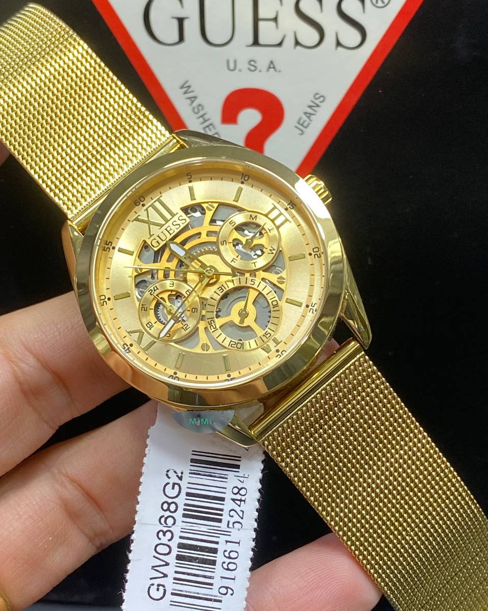 Guess Tailor GW0368G2 Gold Mesh Skeleton Dial Men's Watch