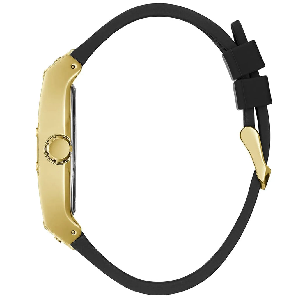 Guess Phoenix GW0386G3 ساعة يد رجالية بسوار جلدي ومينا سوداء بسيطة وعلبة ذهبية اللون