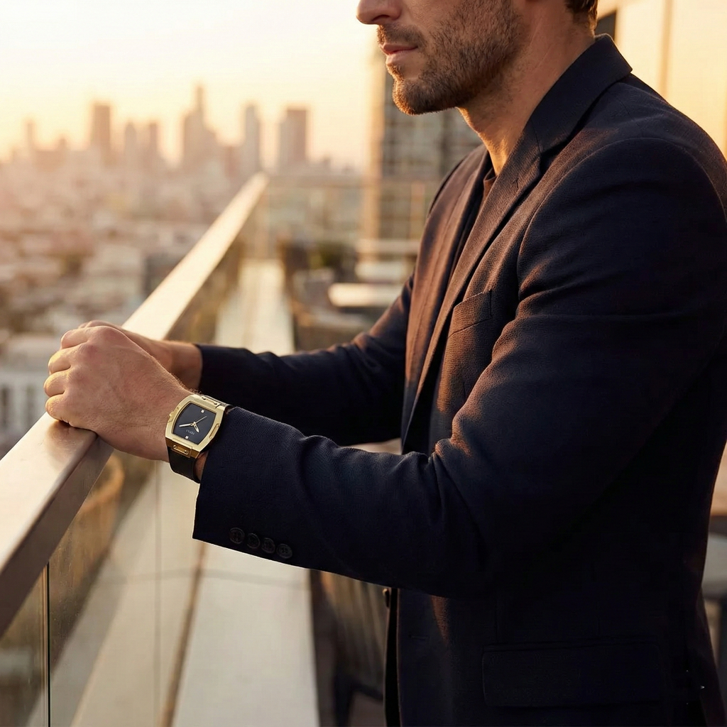 Guess Phoenix GW0386G3 ساعة يد رجالية بسوار جلدي ومينا سوداء بسيطة وعلبة ذهبية اللون