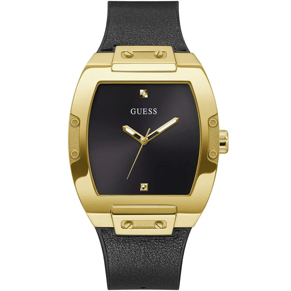 Guess Phoenix GW0386G3 ساعة يد رجالية بسوار جلدي ومينا سوداء بسيطة وعلبة ذهبية اللون