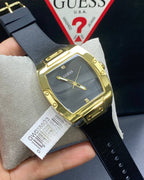 Guess Phoenix GW0386G3 ساعة يد رجالية بسوار جلدي ومينا سوداء بسيطة وعلبة ذهبية اللون