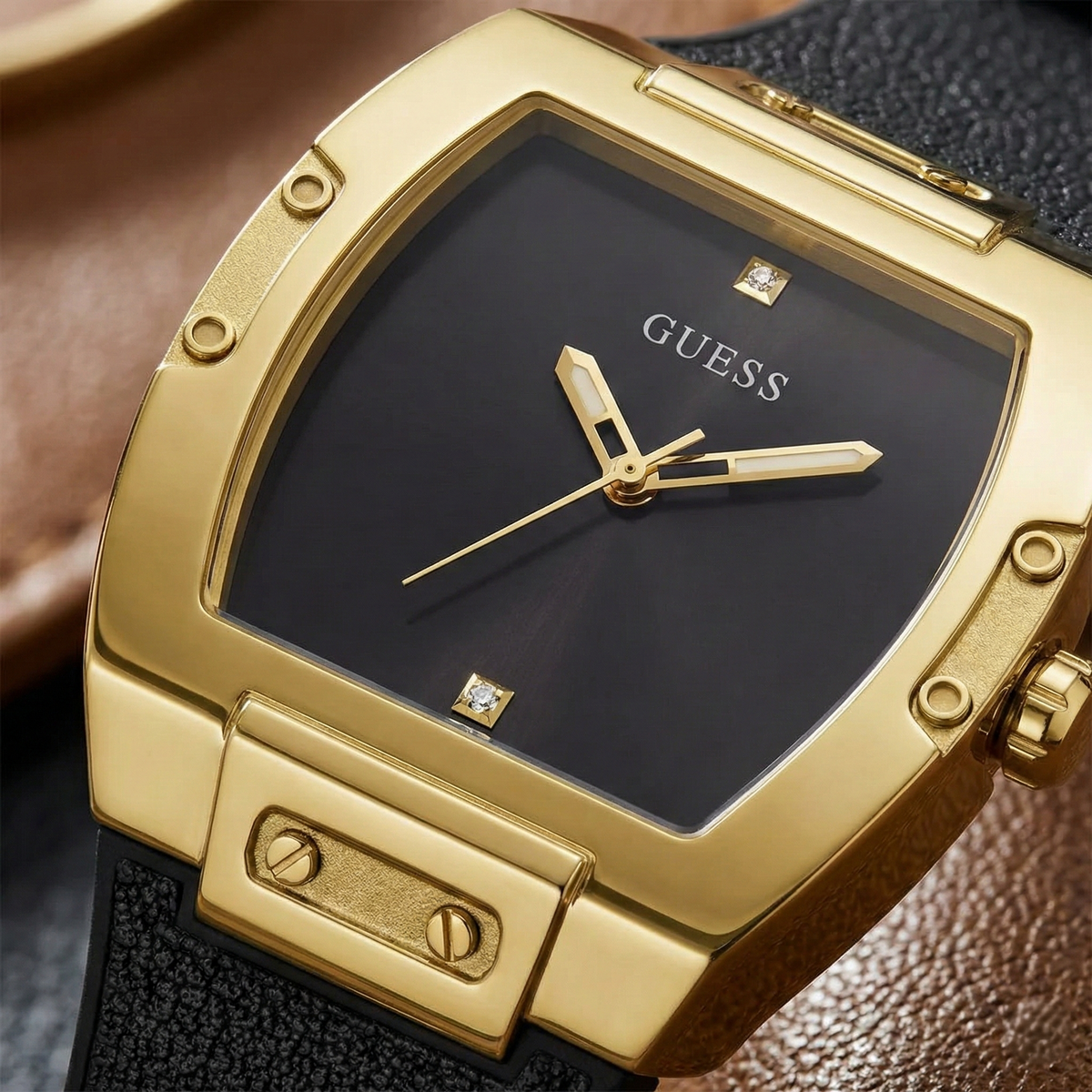 Guess Phoenix GW0386G3 Gold-Tone Case Black Minimalist Dial Leather Strap Men's Watch