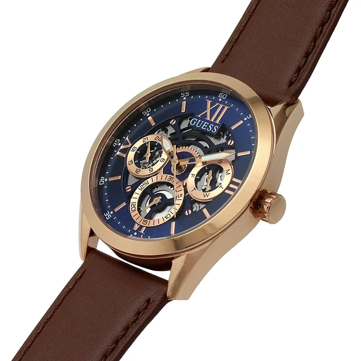 Guess Tailor GW0389G3 Rose Gold Case Blue Skeleton Dial Brown Leather Watch