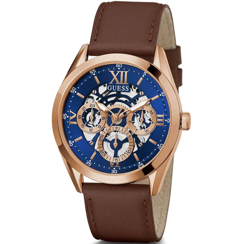 Guess Tailor GW0389G3 Rose Gold Case Blue Skeleton Dial Brown Leather Watch